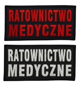 Emblemat RATOWNICTWO MEDYCZNE - nitka czerwona oraz brudna biel + czarne tło + czarna ramka