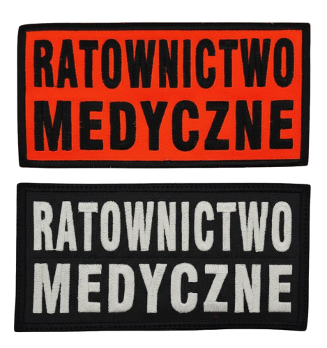 Emblemat RATOWNICTWO MEDYCZNE - u góry czarne litery na tkaninie FLUO, na dole brudna biel na czarnym tle (oba z haftowaną czarną ramką)
