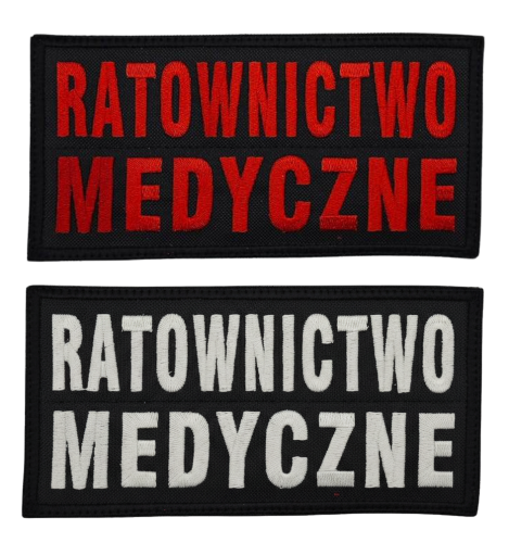 Emblemat RATOWNICTWO MEDYCZNE - nitka czerwona oraz brudna biel + czarne tło + czarna ramka